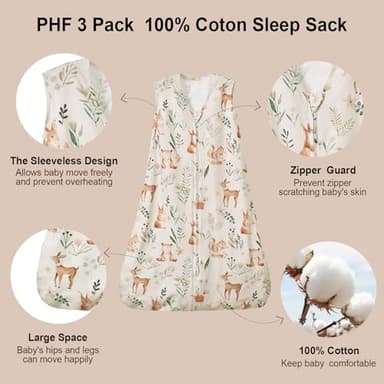 PHF Soft Baby Sleep Sack 12-18 Months 100% Organic Cotton Wearable Blanket, 2-Way Zipper 0.5 TOG Toddler Sleeping Sack 3 Pack, Comfy Sleep Bag for Baby Boys Girls, Woodland (Large) - Image 2