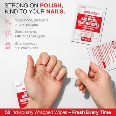 Nail Polish Remover Pads - 100% Non-Acetone - 50 Pack Bulk Set - Individually Wrapped - Quick Nail Polish Remover Wipes - Fingernail Travel Kit to Clear Nail Polish for Home & Professional Removal - Image 2