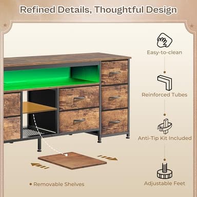 Huuger 63 Inch LED TV Stand Dresser with Power Outlets, USB-C Port and LED Lights, 10 Fabric Drawer Dresser for Bedroom, Long Entertainment Center for 65, 70 Inch TV, Open Shelves, Rustic Brown - Image 8