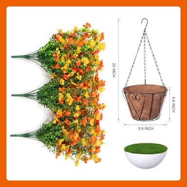 Artificial Fake Hanging Flowers Plants with Basket Spring Outdoor Decor,Faux Silk Colorful Daisy in Planter Boxwood No Fade Plastic Shrubs Farmhouse Home Garden Porch Decoration (Yellow Orange) - Image 5