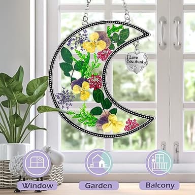 KY&BOSAM Moon Suncatchers Aunt Gifts for Mom Family Friends Stained Glass for Windows Wind Chimes Real Flower Colorful and Metal I Love You Aunt Heart Chain Outdoor for Garden Indoor Home Trees Decor - Image 5