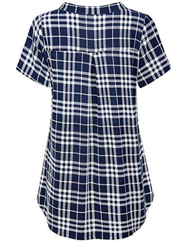 MOQIVGI Ladies Tops Plaid Print Tee Blouse Split V Neck Short Sleeve Checker Pattern Modern Fit Polyester Stretchy Shirt Woman Daily Wear Clothing Blue White Large - Image 2