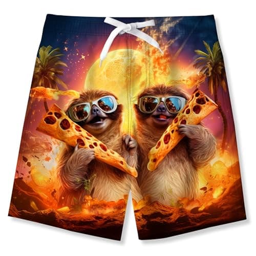 Idgreatim 11-12T Boy's Pizza Sloth Swimming Trunks UPF50+ Quick Dry Swimsuit Summer Beach Board Shorts with Pockets - Image 1