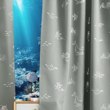 Vangao Kids Curtains for Boys Bedroom Kids Blackout Curtains 63 Inch Length Ocean Aquarium Nursery Drapes for Girls Bedroom Silver Sea Animals Print Thermal Insulated Drapes, Grey 2 Panels - Image 5