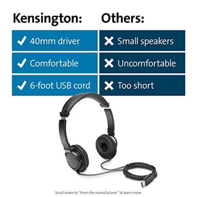 Kensington USB-A Hi-Fi Headphones, On-Ear Headset, 6ft Cord, for Kids, for Adults, for School, Padded Adjustable Headband (K97600WW), Black - Image 6