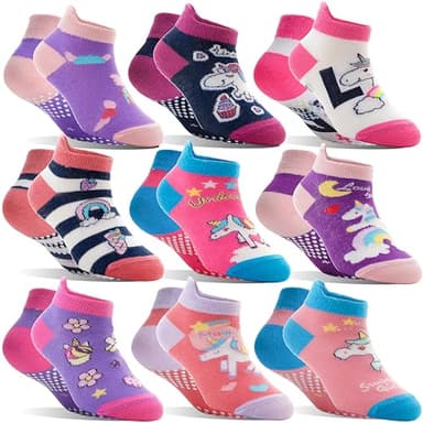 Welwoos Baby Girls Toddlers Grips Socks Kids Non Slip Anti Skid Ankle Unicorn Gift Cotton No Show Socks with Grippers 9 Pairs (Rainbow Unicorn, 3-5 Y) - Image 1