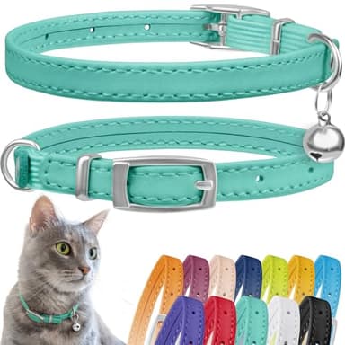 CollarDirect Leather Cat Collar with Bell - Kitten Collar, Small and Big Cat Collar for Boy Cats, Girl Cats with Safety Elastic Strap (Neck Fit 8"-11", Mint Green) - Image 1