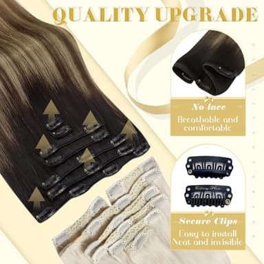 Ve Sunny Clip in Hair Extensions Real Human Hair Black Ombre Human Hair Clip in Extensions Black Balayage Brown with Blonde Clip in Human Hair Extensions 22inch 120g - Image 2