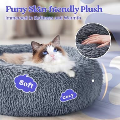 rabbitgoo Cat Beds for Indoor Cats, 20 inches Cat Bed Machine Washable, Fluffy Round Pet Bed Non-Slip, Calming Soft Plush Donut Cuddler Cushion Self Warming for Small Dogs Kittens, Dark Grey, Medium - Image 2