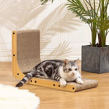 Poils bebe L Shape Cat Scratcher, 26.8 Inch Cat Scratchers for Indoor Cats, Protecting Furniture Cat Scratch Pad, Cardboard Cat Scratching with Ball Toy, Catnip, Large - Image 2