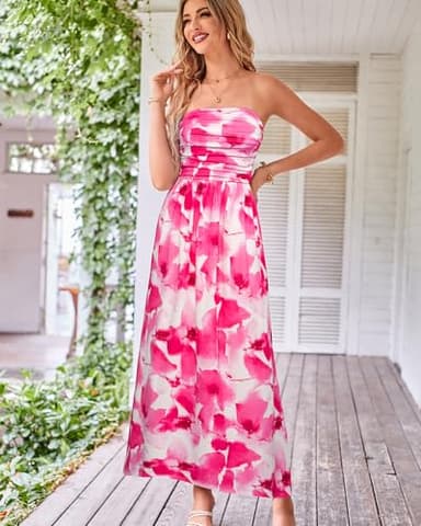 Women's 2024 Summer Bohemian Floral Printed Strapless Beach Party Long Maxi Dress Pink Flower - Image 2