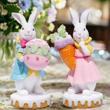 Hodao 2PCS Easter Bunny Couple Decoration Spring Rabbit Decor Figurines for Home, Holiday Celebrations Tabletopper Easter Bunny Decor Gifts for Party (White-Two) - Image 6