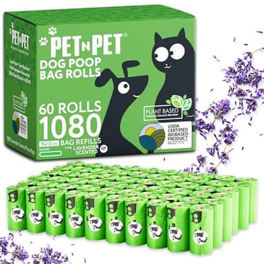 Pet N Pet 1080 Counts Green Poop Bags for Dogs, 41% Plant Based & 59% PE Extra Thick Dog Poop Bags Rolls, 9" x 13", Lavender Scented Pet Waste Bag - Image 1