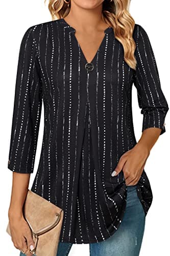 VALOLIA Womens Tops Dressy Casual 3/4 Sleeve Tops for Women Business Casual Blouses Summer Loose Fitting Tops Tunics Or Tops To Wear With Leggings Tummy Coverage Tops for Women Black Stripe X-Large - Image 1