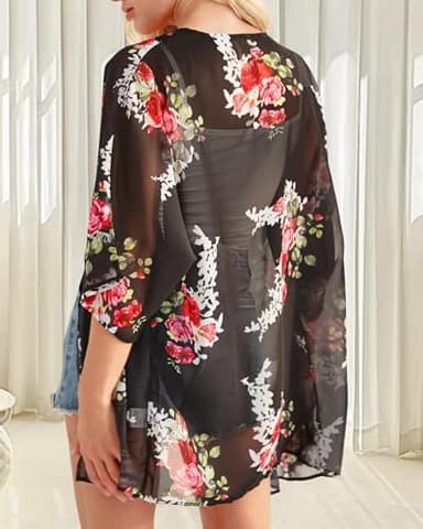 Women's Floral Print Puff Sleeve Kimono Cardigan Loose Cover Up Casual Blouse Tops (Black,2XL) - Image 3