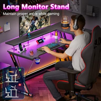 47 Inch Gaming Desk with Power Outlet & LED Lights, Corner Computer Desk with 3 Tiers Storage Shelves, Home Office Desk with Monitor Stand for Small Space, Carbon Fiber Black - Image 7