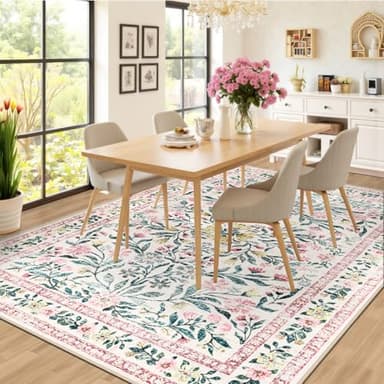 Area Rugs 9x12 Living Room: Floral Washable Rug Vintage Large Soft Boho Non-Slip Carpet Indoor Stain Resistant Low Pile Carpets for Bedroom Dining Room Farmhouse Nursery Hallway Home Office Pink Green - Image 4