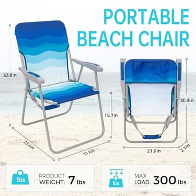 #WEJOY Folding Beach Chair for Adults, Lightweight Beach Chair with Shoulder Straps, High Back Camping Chairs with Hard Armrest, Supports 300lbs for Outdoor Lawn Concert (Dark Blue White) - Image 3