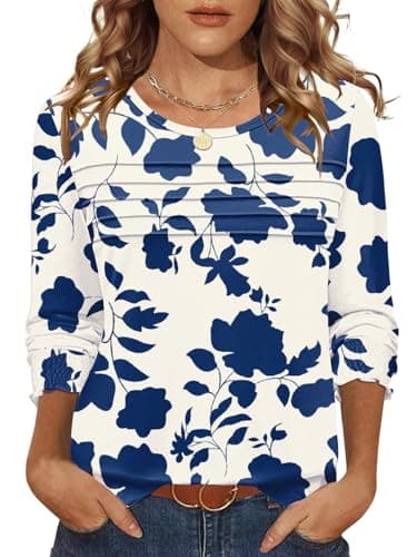 LOMON Ladies Tops and Blouses Long Sleeve Spring Tops Work Shirts for Women Tee Shirts Womens Blue Flower S - Image 1