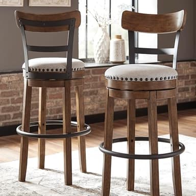 Signature Design by Ashley Valebeck | 30″ Farmhouse Pub-Height Swivel Barstool – Upholstered Cushion, Nailhead Trim, Metal & Wood Frame, Brown - Image 2