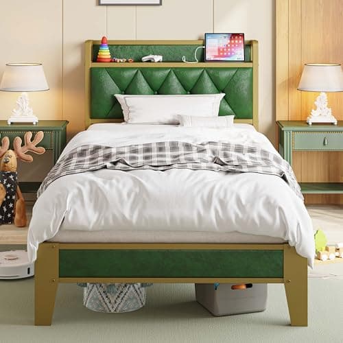 ANCTOR Twin Bed Frames, Storage Headboard with Outlets, Easy to Install, Sturdy and Stable, No Noise, No Box Springs Needed, Emerald - Image 1