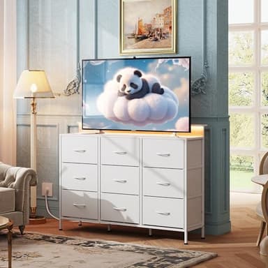 WLIVE White TV Stand for 45, 50, 55 inch TV, Entertainment Center with LED Lights & Charging Station, TV Media Console Table with 9 Fabric Drawers and Open Shelves for Living Room, Hallway, Wood Top - Image 2