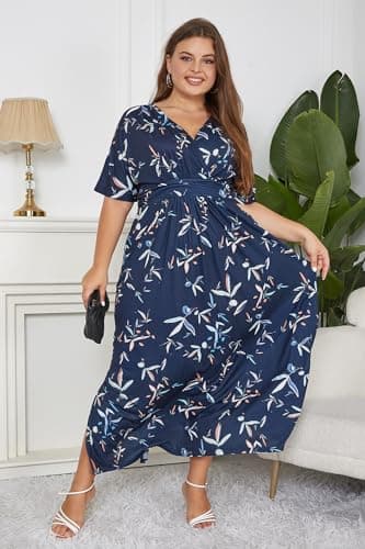 Keluummi Plus Size Wedding Guest Maxi Dresses for Curvy Women, Summer Formal Floral V Neck 3/4 Sleeve A Line Long Party Dress(22 Plus, 02 - Navy Blue Floral) - Image 5