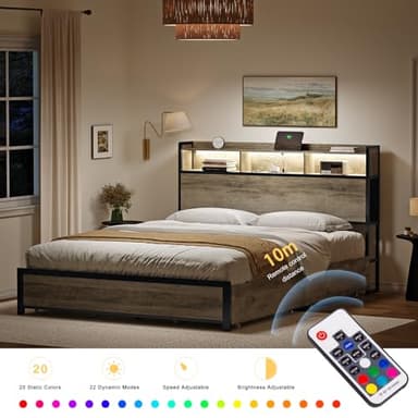 HAUSOURCE Queen Bed Frame with Bookcase Headboard and 2 Drawers LED Lights Metal Platform Non-Slip Without Noise Strong Metal Slats Support No Box Spring Needed (Greige, Queen) - Image 6