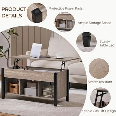 Yaheetech Gray Coffee Table, Lift Top Coffee Table with Hidden Compartment & Shelf, Lift Up Dining Table for Living Room Reception, Retro Central Table with Wooden Lift Tabletop, 41 inch L - Image 9