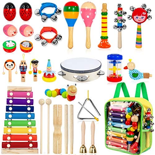 Kids Musical Instruments, 33Pcs 18 Types Wooden Percussion Instruments Tambourine Xylophone Toys for Kids Children, Preschool Education Early Learning Musical Toy for Boys and Girls - Image 1