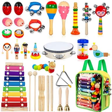 Kids Musical Instruments, 33Pcs 18 Types Wooden Percussion Instruments Tambourine Xylophone Toys for Kids Children, Preschool Education Early Learning Musical Toy for Boys and Girls - Image 1