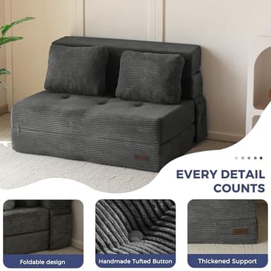 MAXYOYO Convertible Sofa Bed, Fold Out Loveseat Sleeper Sofa with Pillow, 4 in 1 Tufted Folding Couch Bed Foam Floor Couch, Lazy Chair for Living Room Bedroom Guest Room, Dark Grey - Image 4