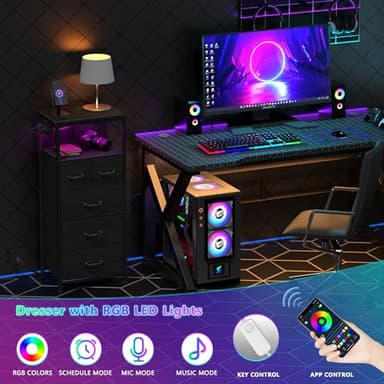 Furnulem Dresser for Bedroom, Tall Nightstand, Vertical Chest with Wood Top, Charging Station, LED Lights, 5 Fabric Bins, Bedside Table with Shelf, Furniture for Entryway (5 Drawer, Black Oak) - Image 8