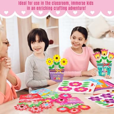 Kosiz 24 Sets Mother's Day Crafts Kit for Kids Flower Card Making Kit with Buttons Straws Ribbon DIY Flower Pot Handmade Greeting Card for Mother's Day Gift Home School Classroom Art Activities - Image 6