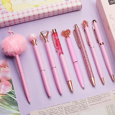 WEMATE 8Pcs Ballpoint Pens Set Metal Crystal Diamond Glitter for Journaling Pink Pen Bling in Black & Blue Ink Pretty Cute Fancy Mothers Day Gift for Women Wedding School Office Desk(Pink) - Image 1
