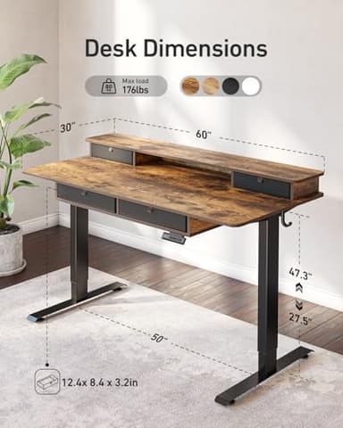 FEZIBO 60x30 inchs Height Adjustable Electric Standing Desk with 4 Drawers, Table with Storage Shelf, Sit Stand Desk with Splice Board, Black Frame/Rustic Brown Top - Image 3