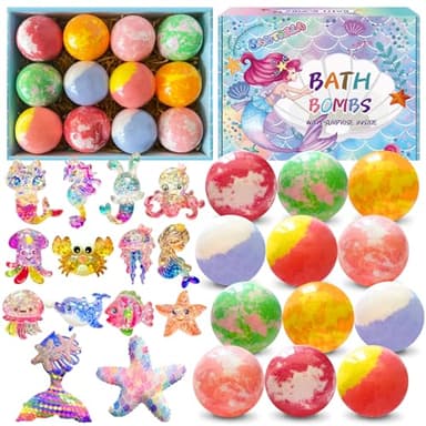 Bath Bombs for Kids with Surprise Inside, 12pcs Kids Bath Bombs with Mermaid Toys Gift Set for Girls, Shea & Coco Butter Dry Skin Moisturize, Handmade Fizzy Bubble Spa Bath Ball for Birthday Christmas - Image 1