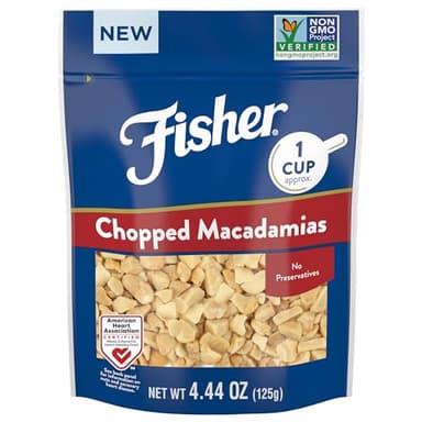 Fisher Chopped Macadamia Nuts, 4.44 oz Raw Shelled Unsalted Nuts for Cooking, Baking, or Snacking, Healthy Snacks for Adults, Resealable Bag, Naturally Gluten Free, Vegan, Keto, Plant Based Protein - Image 1