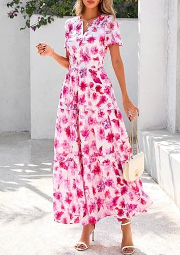 PRETTYGARDEN Women's 2025 Summer Boho Maxi Dresses Floral Short Sleeve V Neck A Line Tiered Flowy Long Beach Vacation Dress (White Pink Floral,Large) - Image 4