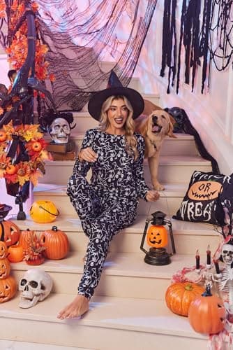 Ekouaer 2 Pack Womens Pajama Set Long Sleeve Sleepwear,Soft Pjs Lounge Sets Nightwear with Pockets Halloween Skull/Pumpkin Large - Image 3