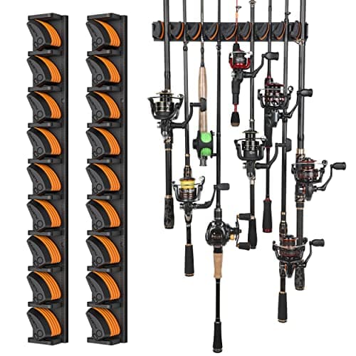PLUSINNO V9 Vertical Fishing Rod Holders, 2 Packs Wall Mounted Fishing Pole Holders, Fishing Rod Racks Hold Up to 18 Rods or Combos, Fishing Pole Holders for Garage, Fits Most Rods of Diameter 3-19mm - Image 1