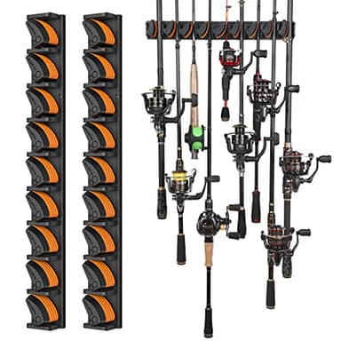 PLUSINNO V9 Vertical Fishing Rod Holders, 2 Packs Wall Mounted Fishing Pole Holders, Fishing Rod Racks Hold Up to 18 Rods or Combos, Fishing Pole Holders for Garage, Fits Most Rods of Diameter 3-19mm - Image 1