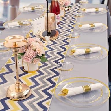 Rubtlamp 140Pcs Gold Plastic Plates Dinnerware,Clear Disposable Plates with Gold Trim,Clear Party Dinnerware Include 20Dinner Plates,20Salad Plates, 20Cups,20Silverware With Pre Rolled Napkins - Image 6