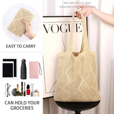 Crochet Tote Bag For Women, Crochet Mesh Beach Tote Bag Summer Vacation Aesthetic Boho Knit Bag for Women (J/Khaki) - Image 3