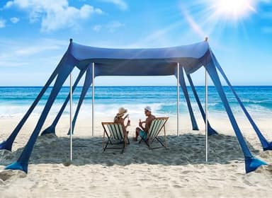 Vibemo Beach Tent, Beach Canopy Sun Shade with UPF50+ UV Protection, 10x10ft, Includes 8 Sandbags, Sand Shovel, Ground Pegs & 4 Stability Poles, Pop Up Sun Shelter for Camping, Picnics, Backyard Fun - Image 1