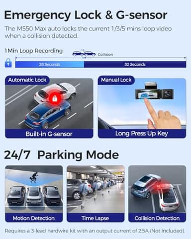 AZDOME M550 Max 4K 3 Channel Dash Cam, Dual STARVIS Sensors, 4K+2.5K+1080P Front and Rear Inside Triple Car Camera, Built-in WiFi GPS, 64GB Card Included, IR Night Vision, WDR, 24H Parking Mode - Image 7