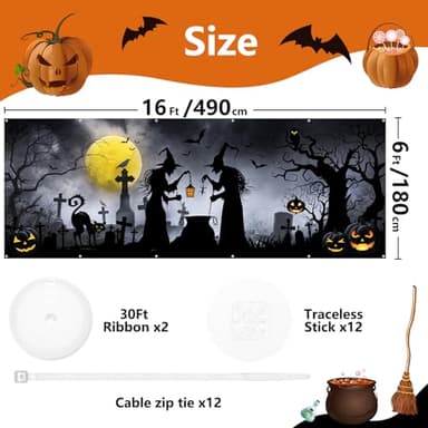 Arosche Extra Large Halloween Garage Door Cover 6 * 16Ft Horror Scary Witches Pumpkins Bats Decorations Background Party Supplies for Garage Door Cover, Phoyography, Party Decorations - Image 4