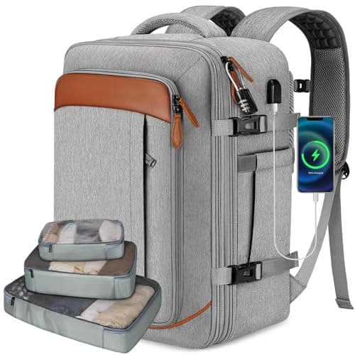 Vancropak Carry on Backpack, Flight Approved Travel Backpack with 3 Packing Cubes, Expandable Large 40L Travel Bag fits 17.3" Laptop, Anti Theft Luggage Suitcase Weekend Daypack for Women Men, Grey - Image 1