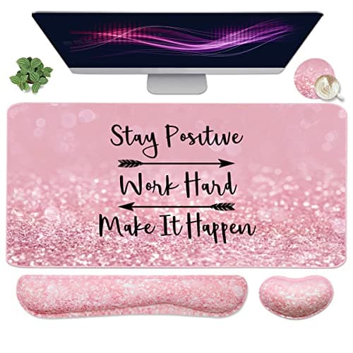 Large Mouse Pad and Keyboard Wrist Rest, Desk Pad for Keyboard and Mouse, 4-in-1 Large Gaming Mouse Pad with Wrist Support, Desk Mat for Home Office Study Game-Pink Stay Positive - Image 1