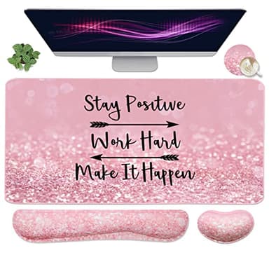 Large Mouse Pad and Keyboard Wrist Rest, Desk Pad for Keyboard and Mouse, 4-in-1 Large Gaming Mouse Pad with Wrist Support, Desk Mat for Home Office Study Game-Pink Stay Positive - Image 1